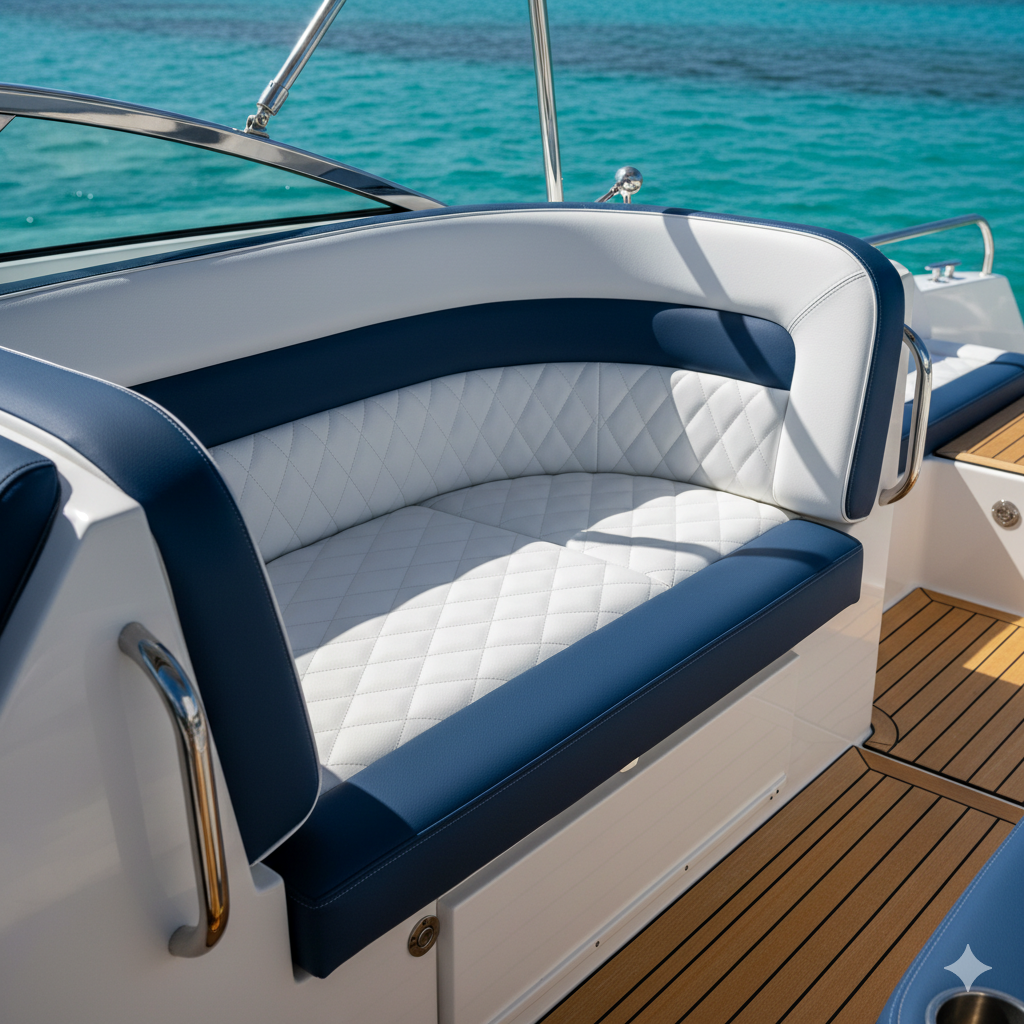 Boat cushions white with Bentley stitching and blue panels marine upholstery Blue Note Upholstery